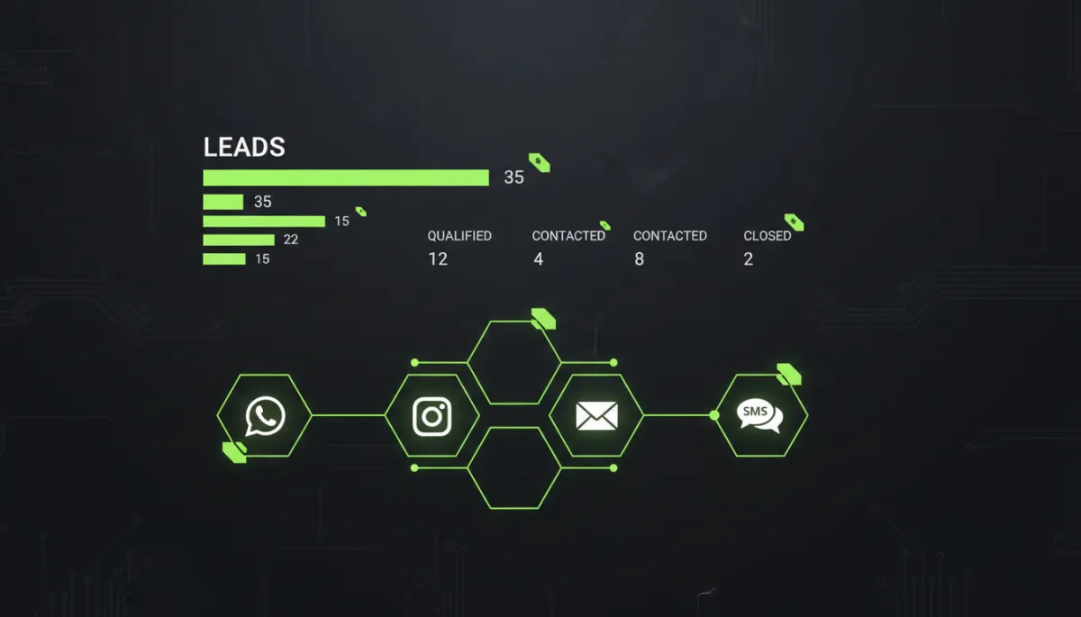 Client communication platform dashboard showing lead stages and integrated channels in a dark neon interface Client communication platform dashboard showing lead stages and integrated channels in a dark neon interface