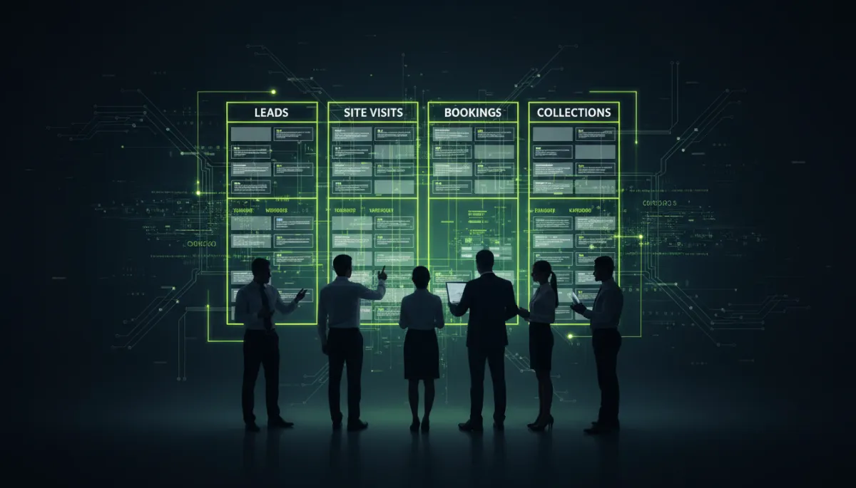 Dark tech composite of team reviewing CRM kanban pipeline