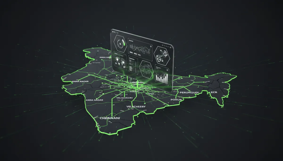 Dark tech composite of CRM dashboard connected to Chennai localities