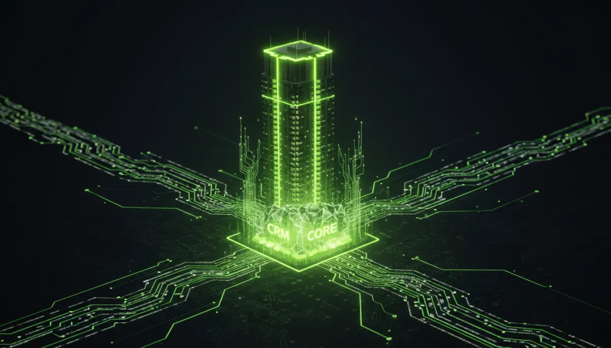 Dark tech composite of high-rise and CRM data core
