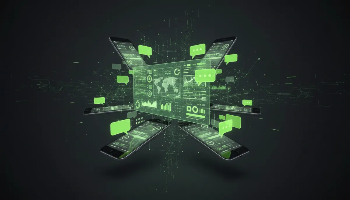 Dark tech style illustration of WhatsApp leads flowing into a central CRM dashboard