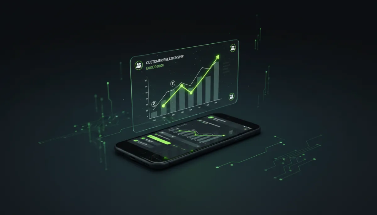 Dark tech style dashboard visual showing rising enrolment metrics from WhatsApp CRM