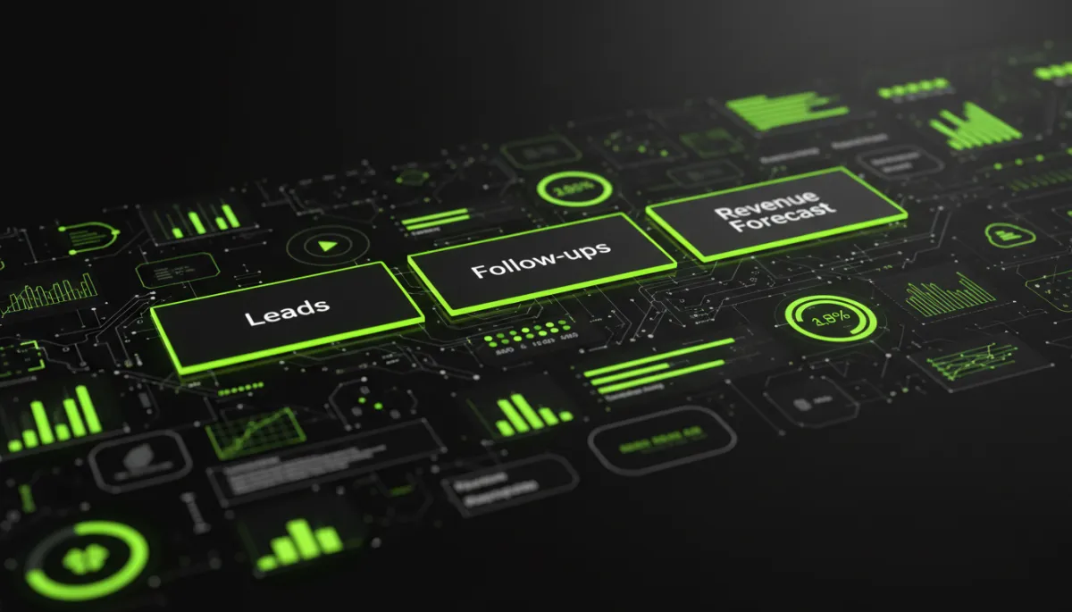 Dark tech CRM dashboard cards for leads, follow-ups and revenue Dark tech CRM dashboard cards for leads, follow-ups and revenue