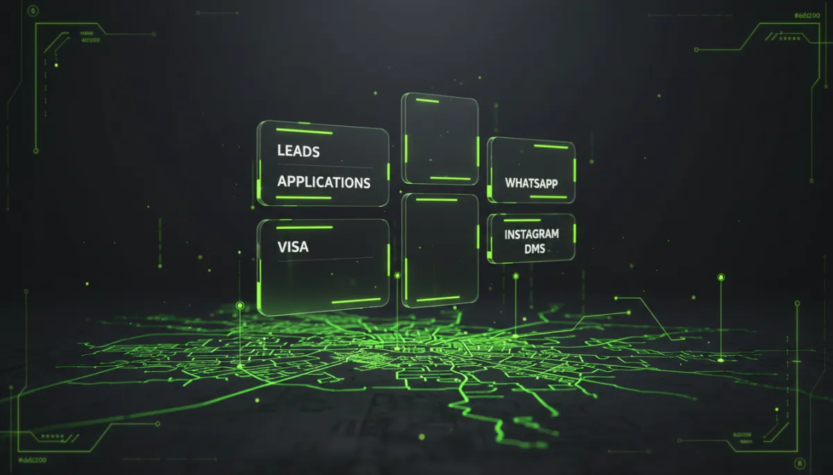 Centralised CRM dashboard unifying student enquiries from multiple channels with neon highlights