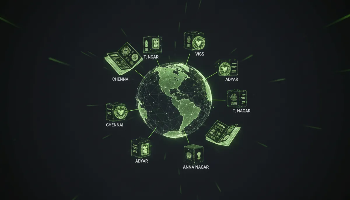 Neon-highlighted global CRM network linking Chennai branches and visa processes
