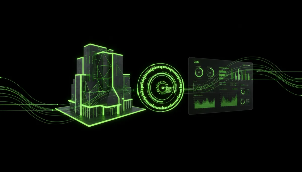 Neon green digital real estate tower linked to clock and CRM dashboard on dark tech background