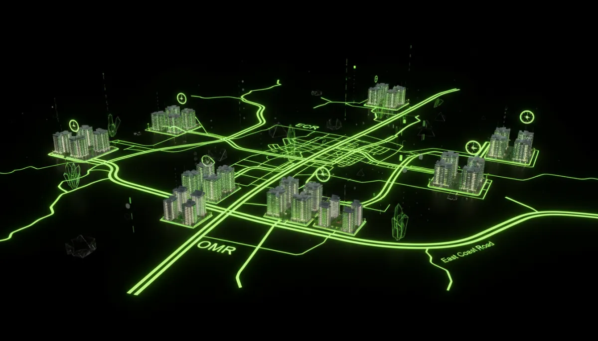 Digital map of Chennai corridors with neon green automated lead flows between real estate towers and clocks