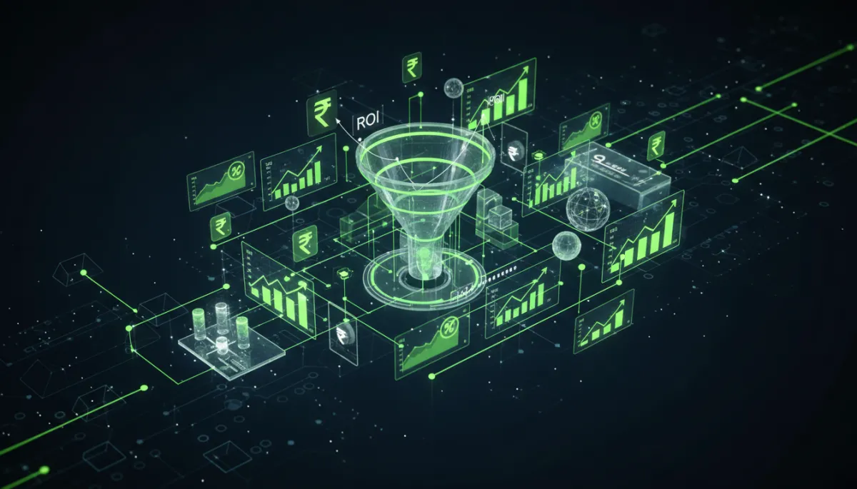 3D CRM ROI dashboard with glowing automation paths and rupee metrics
