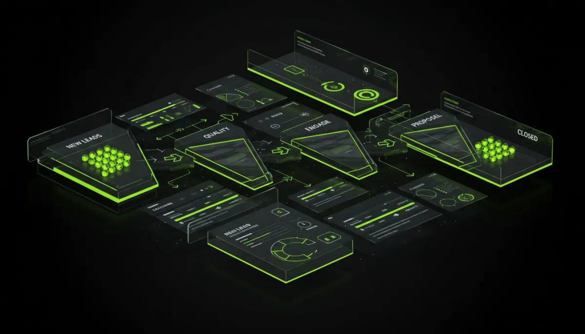 3D CRM dashboard visualising 100 automated lead follow-ups in a sales funnel
