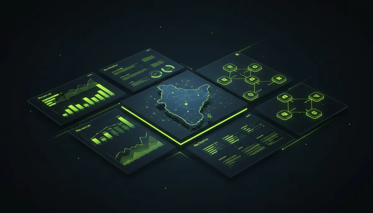 RevMax analytics டாஷ்போர்டு, தமிழ்நாடு மேப் மற்றும் revenue graphs காட்டும் 3D காட்சி RevMax analytics டாஷ்போர்டு, தமிழ்நாடு மேப் மற்றும் revenue graphs காட்டும் 3D காட்சி