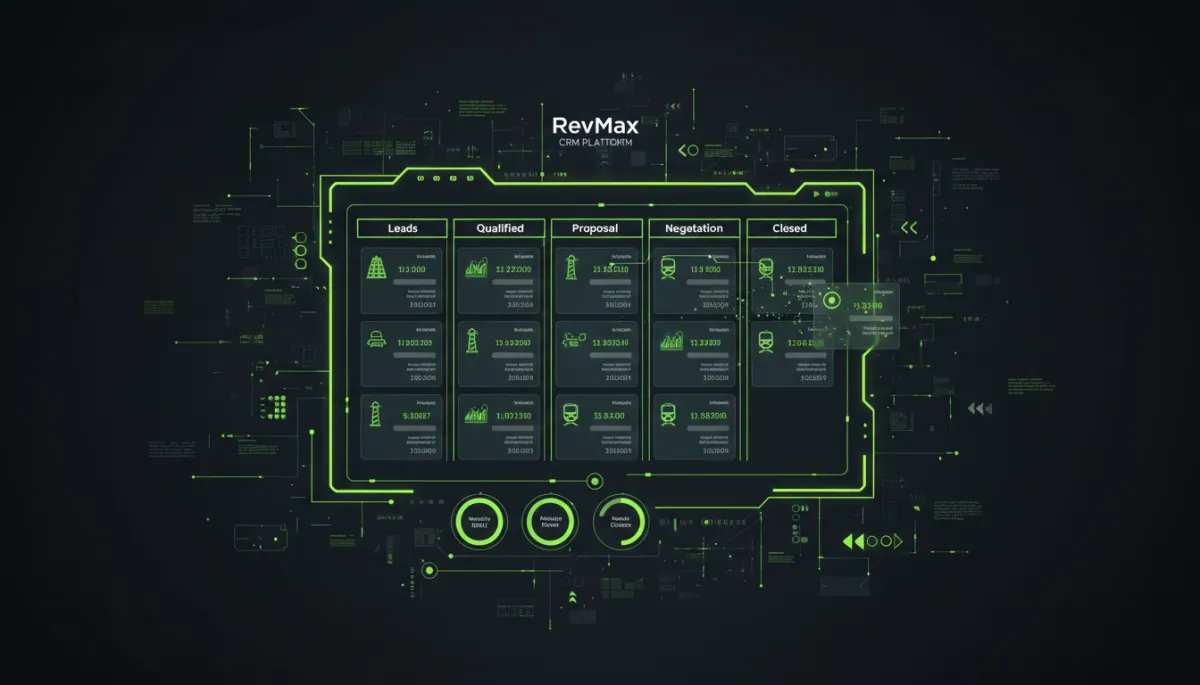 RevMax visual sales pipeline‑ல் drag‑and‑drop deals காட்டும் 3D UI RevMax visual sales pipeline‑ல் drag‑and‑drop deals காட்டும் 3D UI