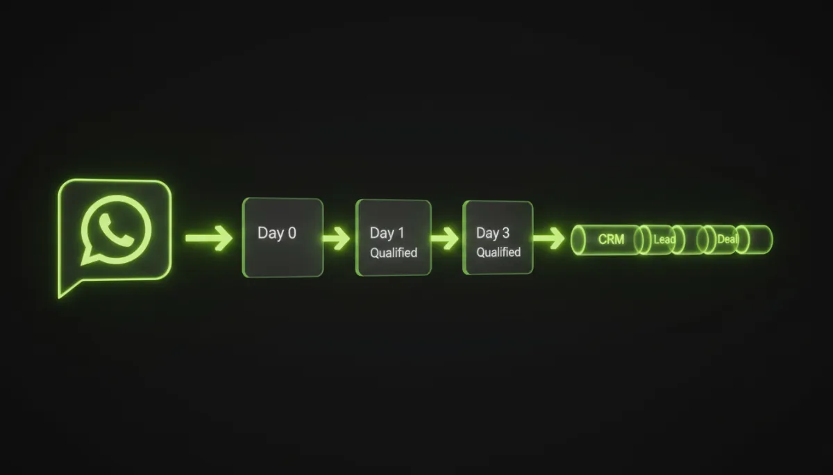 3D workflow of WhatsApp drip campaign messages feeding into a CRM pipeline