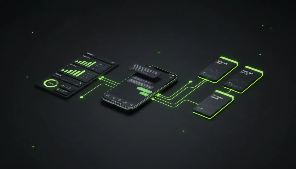 3D WhatsApp phone connected to CRM dashboard with glowing automation lines