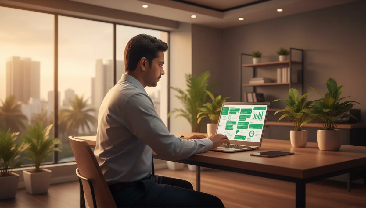 photorealistic warm-toned image of an Indian business owner in a modern Chennai office reviewing a laptop screen with a dashboard of automated WhatsApp messages and analytics, soft ambient lighting, potted plants, subtle city view through window photorealistic warm-toned image of an Indian business owner in a modern Chennai office reviewing a laptop screen with a dashboard of automated WhatsApp messages and analytics, soft ambient lighting, potted plants, subtle city view through window