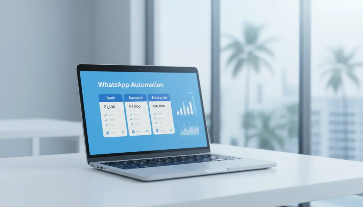 Laptop showing WhatsApp automation pricing comparison table with tiers and rupee values