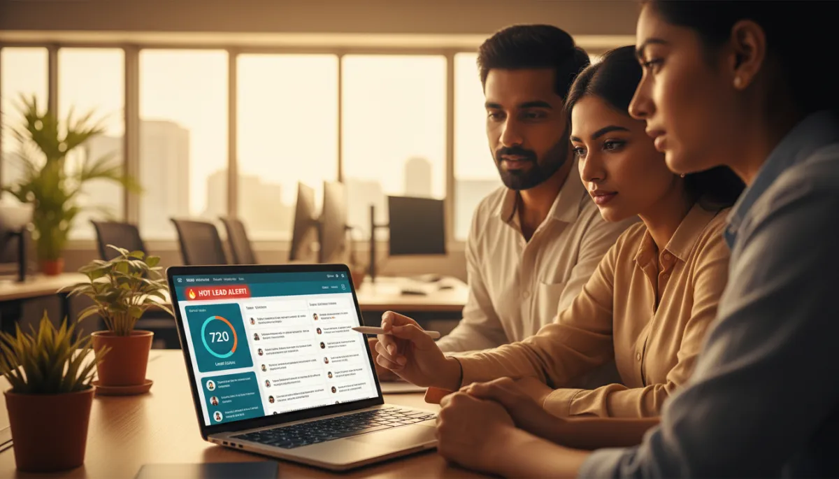 Indian sales team reviewing WhatsApp-qualified leads and scores on a CRM dashboard Indian sales team reviewing WhatsApp-qualified leads and scores on a CRM dashboard