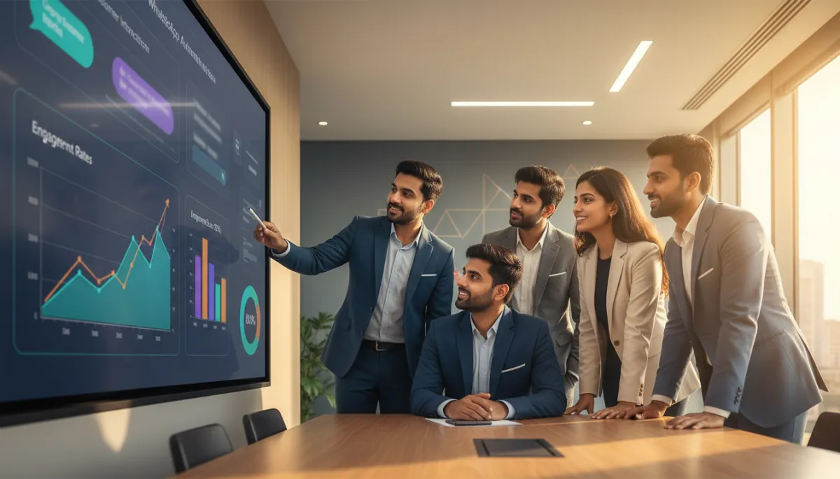 Indian sales team reviewing WhatsApp automation analytics dashboard