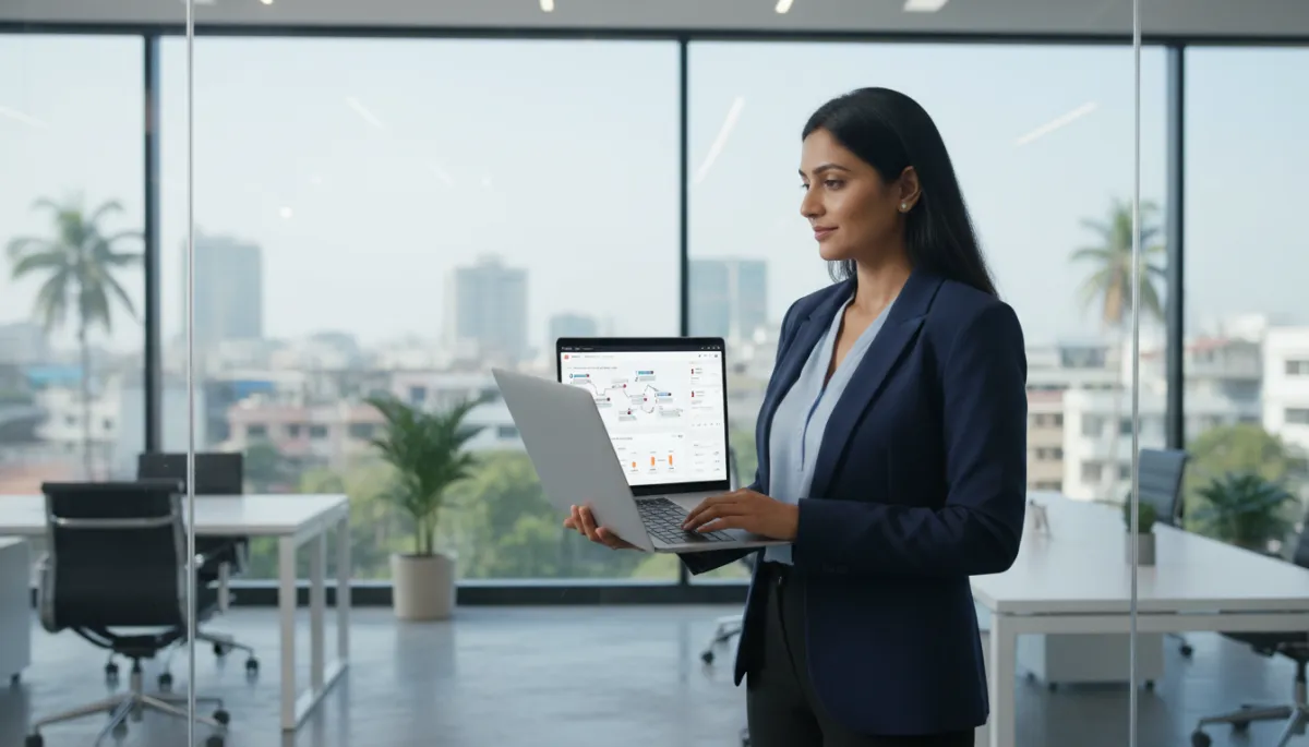 Indian business owner in Chennai confidently using Instagram automation and CRM dashboard Indian business owner in Chennai confidently using Instagram automation and CRM dashboard