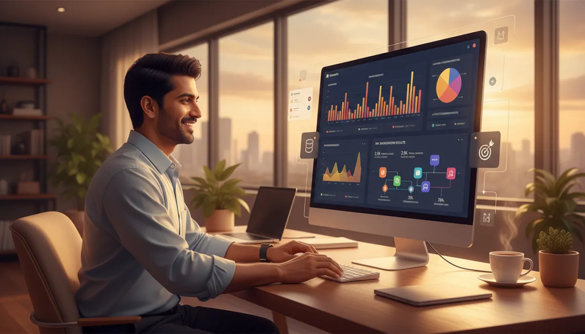 photorealistic warm-toned scene of an Indian business owner in a professional Chennai office smiling while reviewing Instagram analytics and DM automation results on a large monitor, charts and graphs visible, subtle RevMax-style CRM interface elements photorealistic warm-toned scene of an Indian business owner in a professional Chennai office smiling while reviewing Instagram analytics and DM automation results on a large monitor, charts and graphs visible, subtle RevMax-style CRM interface elements