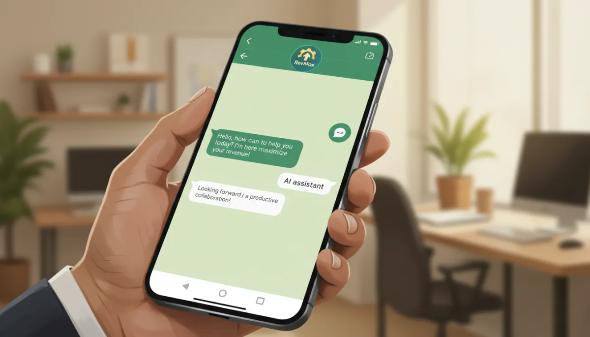 Close-up of a smartphone in an Indian business owner’s hand showing a warm, branded WhatsApp Business chat with green and white interface, friendly AI assistant messages, subtle RevMax-style logo in chat header, soft ambient office background Close-up of a smartphone in an Indian business owner’s hand showing a warm, branded WhatsApp Business chat with green and white interface, friendly AI assistant messages, subtle RevMax-style logo in chat header, soft ambient office background
