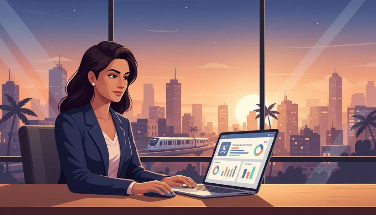 Confident Indian business owner in a modern glass-walled Chennai office reviewing a laptop dashboard of WhatsApp automation metrics and lead pipeline, city skyline and metro line visible through window, warm evening light Confident Indian business owner in a modern glass-walled Chennai office reviewing a laptop dashboard of WhatsApp automation metrics and lead pipeline, city skyline and metro line visible through window, warm evening light