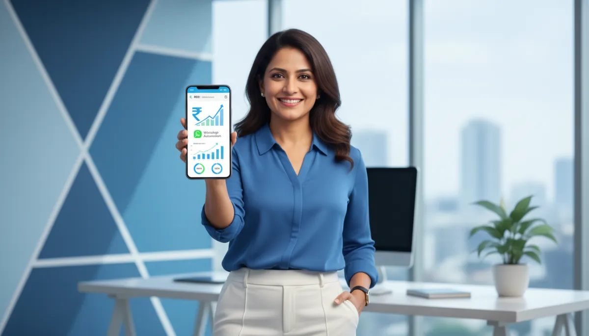photorealistic Indian entrepreneur in a modern blue-and-white Chennai office, smiling while looking at a smartphone showing an ROI dashboard with rupee gains from WhatsApp automation, subtle charts and percentage growth indicators on screen, professional lighting