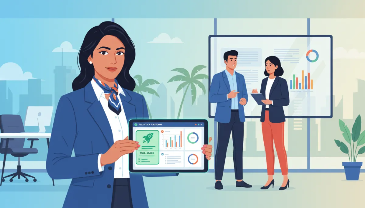 Confident Indian business owner in a modern Chennai office holding a tablet that shows a clear dashboard comparing WhatsApp automation tools, with one full-stack option highlighted; colleagues discussing in background Confident Indian business owner in a modern Chennai office holding a tablet that shows a clear dashboard comparing WhatsApp automation tools, with one full-stack option highlighted; colleagues discussing in background