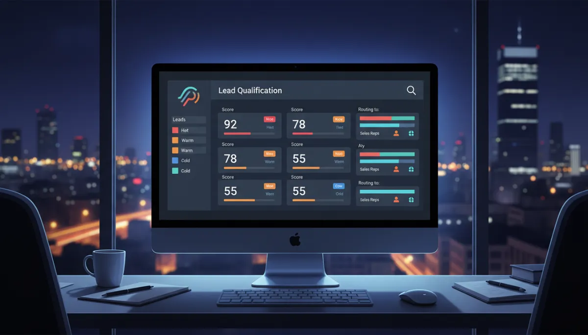 Photorealistic night-time office in Chennai with a glowing monitor showing a RevMax-style lead qualification dashboard, leads listed with scores, tags like Hot/Warm/Cold, and routing to different sales reps visible, city lights outside window Photorealistic night-time office in Chennai with a glowing monitor showing a RevMax-style lead qualification dashboard, leads listed with scores, tags like Hot/Warm/Cold, and routing to different sales reps visible, city lights outside window