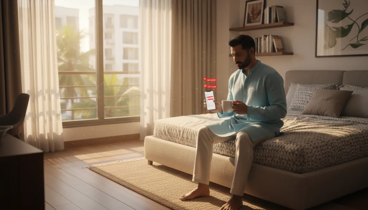 Photorealistic early morning scene in a Chennai apartment bedroom, Indian business owner sitting on bed with coffee, looking at smartphone showing WhatsApp notifications marked as Hot Leads from RevMax, soft sunlight coming through window Photorealistic early morning scene in a Chennai apartment bedroom, Indian business owner sitting on bed with coffee, looking at smartphone showing WhatsApp notifications marked as Hot Leads from RevMax, soft sunlight coming through window