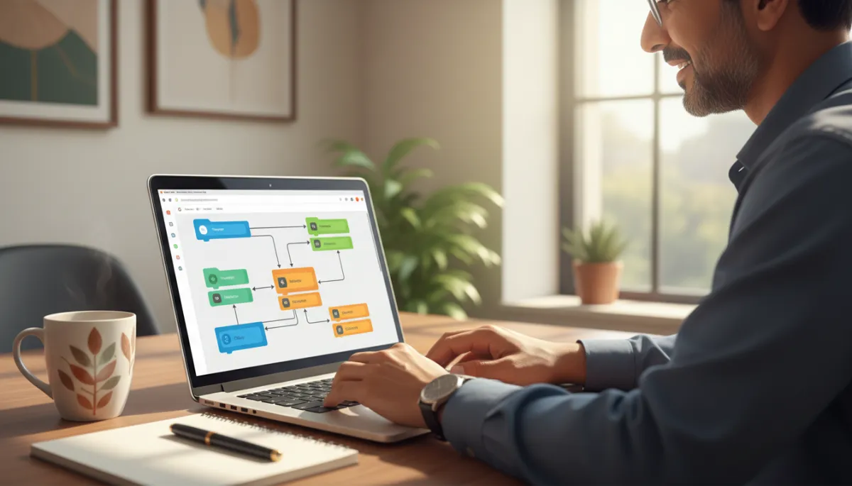Photorealistic close-up of a non-technical Indian business owner using a laptop in a bright Chennai office, screen showing a colourful no-code WhatsApp automation flow builder with drag-and-drop blocks, coffee mug and notepad on desk