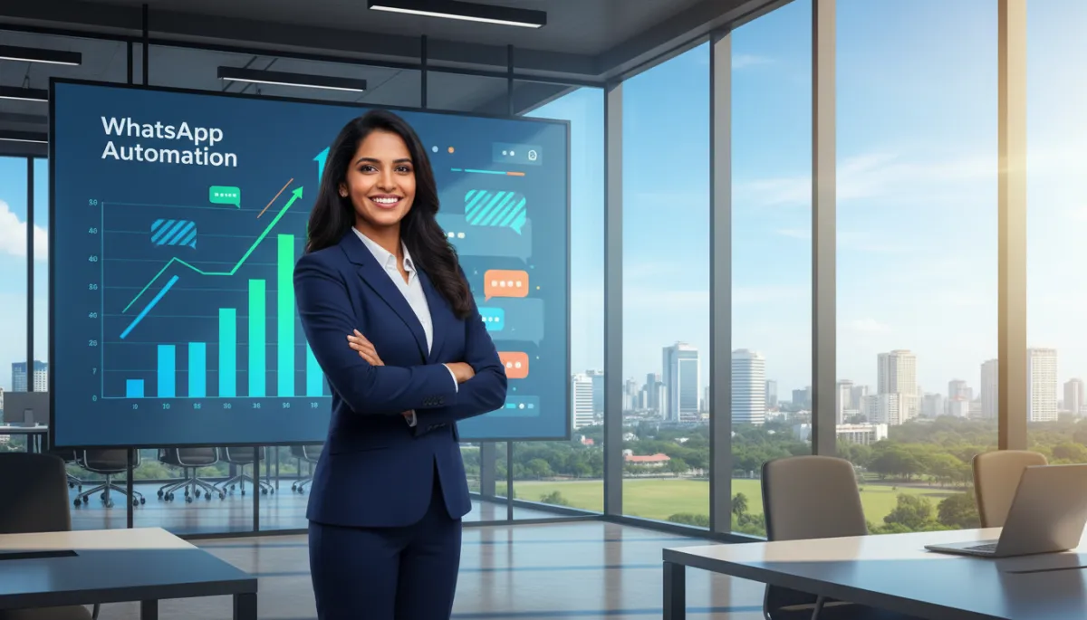 Photorealistic confident Indian business owner standing in a modern glass-walled Chennai office, city skyline and IT park visible outside, large screen behind showing WhatsApp automation analytics with rising graphs and chat bubbles