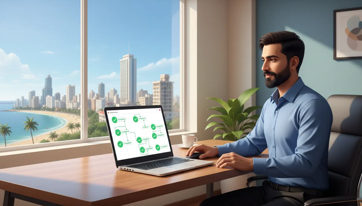 Photorealistic Indian business owner in a modern Chennai office with Marina Beach skyline outside the window, calmly reviewing Instagram DM automation flows on a laptop, green check icons and 'Compliant' labels visible on screen Photorealistic Indian business owner in a modern Chennai office with Marina Beach skyline outside the window, calmly reviewing Instagram DM automation flows on a laptop, green check icons and 'Compliant' labels visible on screen