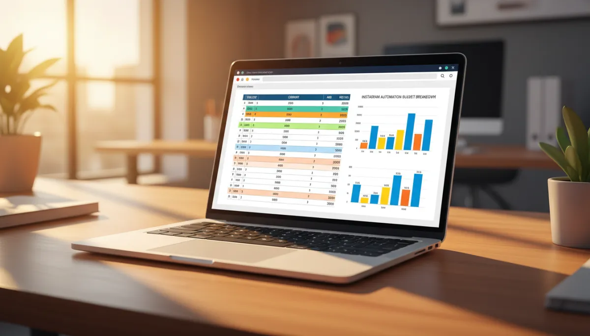 Close-up of a laptop on a wooden desk in a Chennai office, screen showing a colourful spreadsheet and bar chart with an Instagram automation budget breakdown in INR, including tool cost, content, ads, and ROI percentages, warm evening light through window Close-up of a laptop on a wooden desk in a Chennai office, screen showing a colourful spreadsheet and bar chart with an Instagram automation budget breakdown in INR, including tool cost, content, ads, and ROI percentages, warm evening light through window