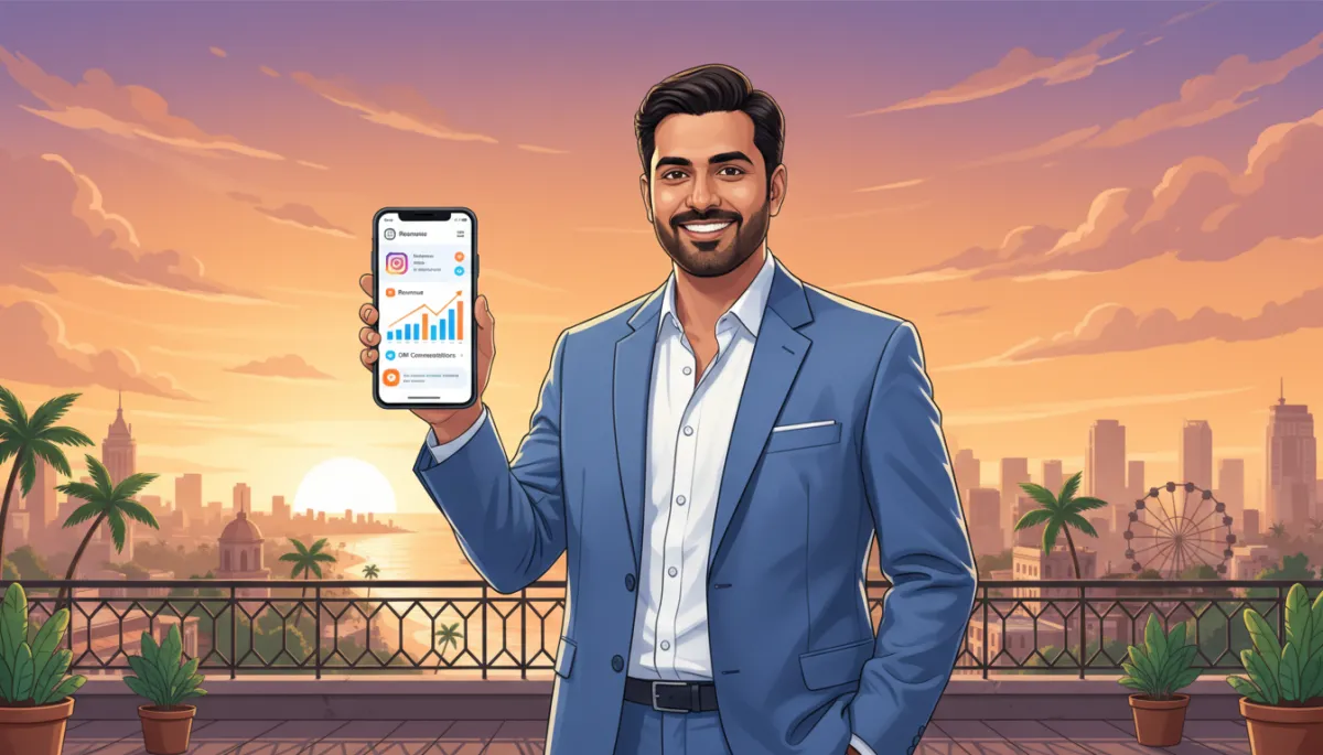 Happy Indian business owner standing on a Chennai rooftop terrace at sunset, holding a smartphone showing an Instagram analytics screen with DM conversations and revenue metrics trending up, Marina Beach skyline in the background Happy Indian business owner standing on a Chennai rooftop terrace at sunset, holding a smartphone showing an Instagram analytics screen with DM conversations and revenue metrics trending up, Marina Beach skyline in the background
