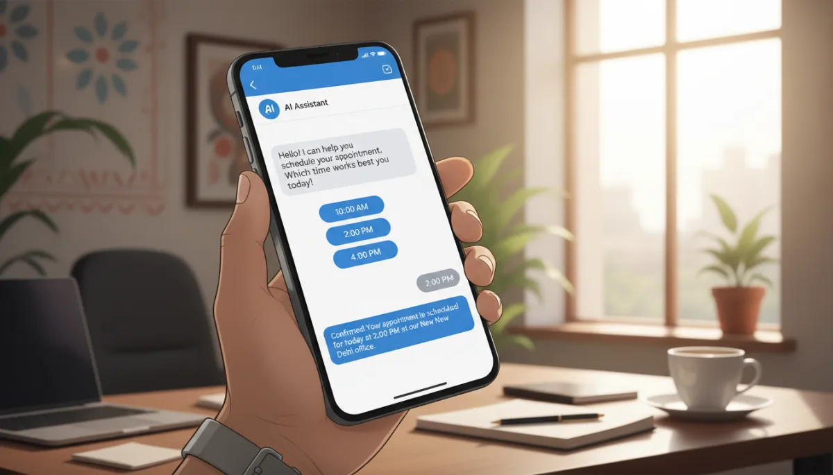 Close-up of a modern smartphone in an Indian office setting, screen showing an Instagram DM conversation where an AI assistant offers three appointment time slots and the user selects one, with a final message confirming date, time, and location Close-up of a modern smartphone in an Indian office setting, screen showing an Instagram DM conversation where an AI assistant offers three appointment time slots and the user selects one, with a final message confirming date, time, and location