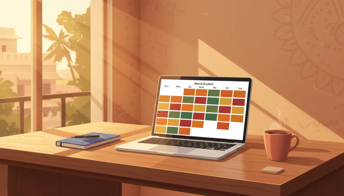 Warm-toned Indian office environment with a laptop on a wooden desk showing a fully booked weekly calendar view, multiple color-coded appointments filling each day, a notebook and coffee mug beside the laptop, soft evening light coming through the window Warm-toned Indian office environment with a laptop on a wooden desk showing a fully booked weekly calendar view, multiple color-coded appointments filling each day, a notebook and coffee mug beside the laptop, soft evening light coming through the window