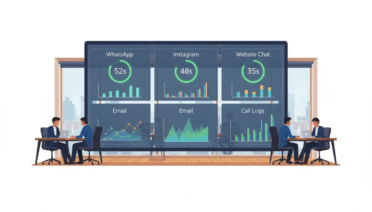 Multi-channel AI response dashboard in a modern Chennai office, showing WhatsApp, Instagram, website chat, email, and call logs in separate panels, each with green indicators displaying response times under 60 seconds, large wall screen, Indian sales team working calmly at desks