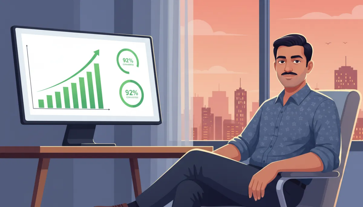 Confident Indian business owner in a modern Chennai office, sitting relaxed with arms on chair, large monitor showing a growing lead pipeline and green conversion metrics, evening city skyline visible through window, calm expression indicating system is working smoothly