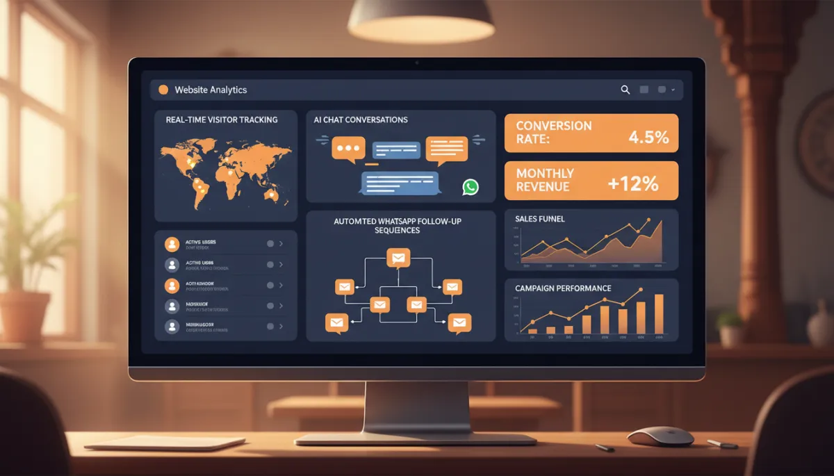 Close-up of ultrawide monitor in warm-lit Chennai office showing a CRM and website analytics dashboard with real-time visitor tracking, AI chat conversations, and automated WhatsApp follow-up sequences, clear conversion rate metrics and graphs visible Close-up of ultrawide monitor in warm-lit Chennai office showing a CRM and website analytics dashboard with real-time visitor tracking, AI chat conversations, and automated WhatsApp follow-up sequences, clear conversion rate metrics and graphs visible