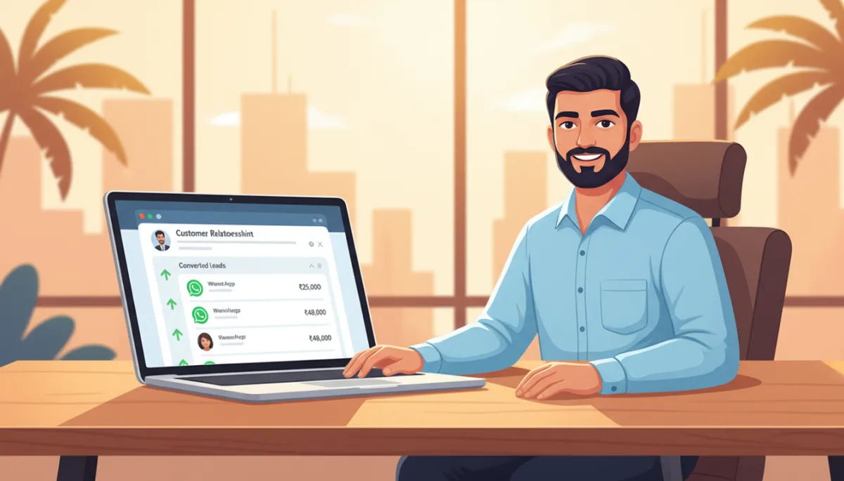 Chennai business owner in a modern warm-lit office looking satisfied while reviewing a laptop screen showing a growing list of converted leads from website visitors in a CRM dashboard, with WhatsApp icons and revenue figures visible Chennai business owner in a modern warm-lit office looking satisfied while reviewing a laptop screen showing a growing list of converted leads from website visitors in a CRM dashboard, with WhatsApp icons and revenue figures visible