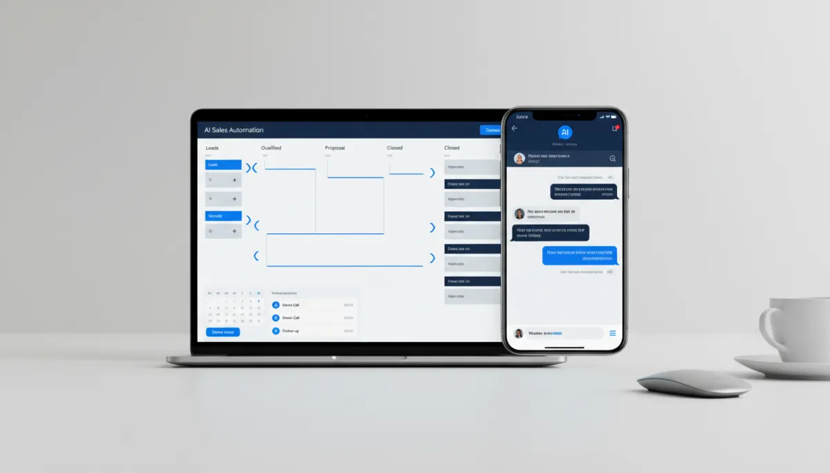 professional neutral-toned dashboard-style composition showing a laptop and smartphone displaying an AI sales automation interface with WhatsApp chats, CRM pipeline, and appointment calendar in deep navy and electric blue accents