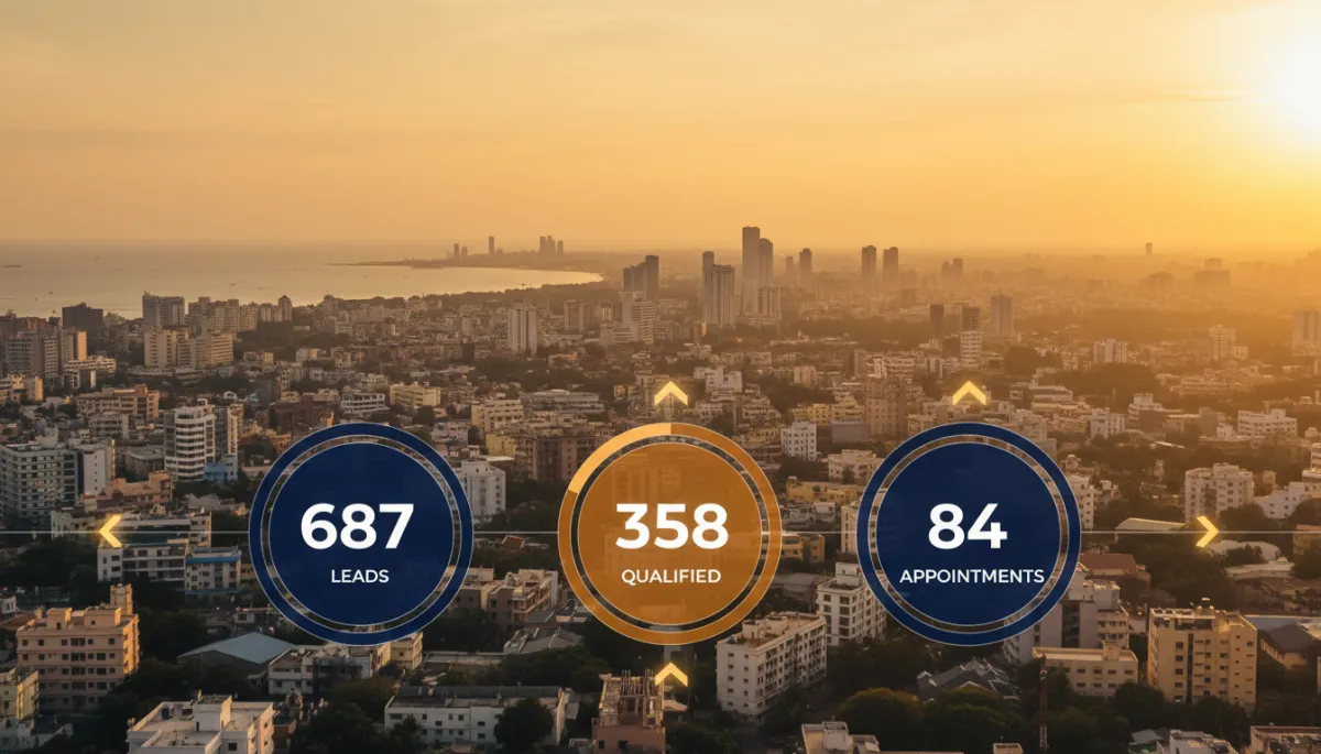Chennai skyline with overlaid RevMaxApp case study metrics for a real estate client