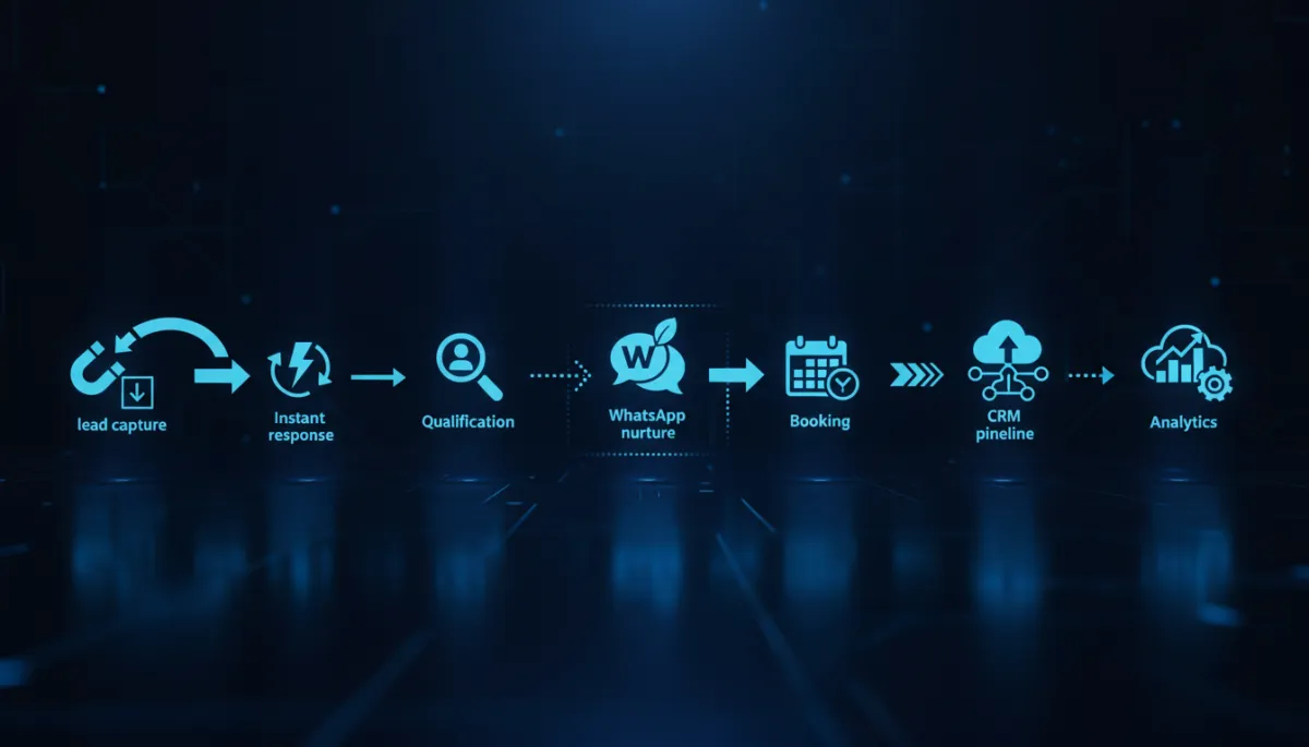 Seven-step RevMaxApp automation journey from lead capture to analytics
