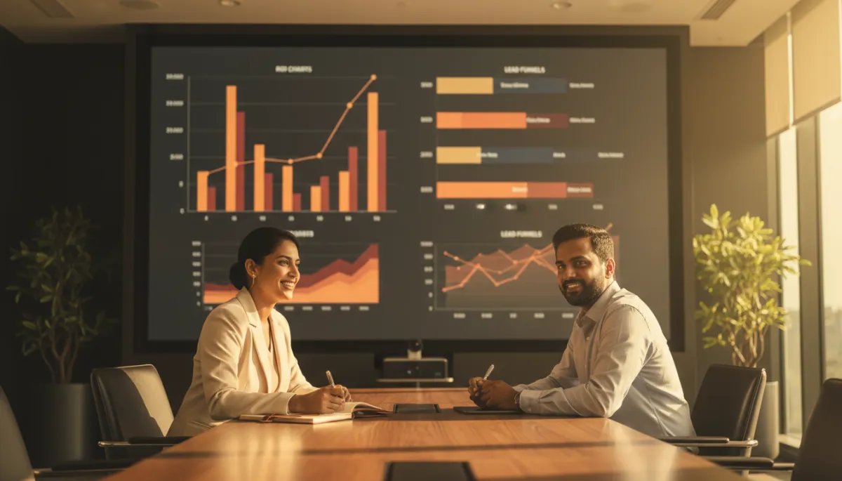 Founder reviewing marketing ROI charts with a consultant in a professional boardroom