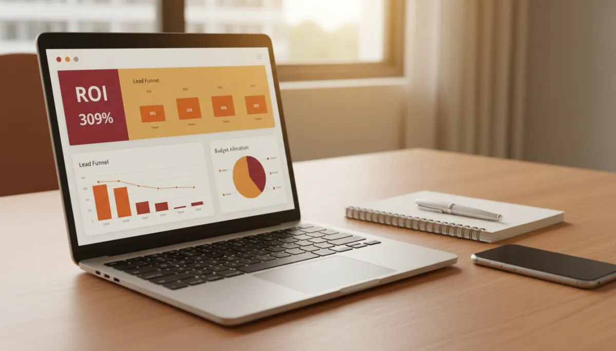 photorealistic professional business close-up of a laptop on a wooden desk in a warm-toned Chennai office, showing a marketing analytics dashboard with ROI, lead funnel, and budget allocation charts, with a notebook, pen, and smartphone nearby