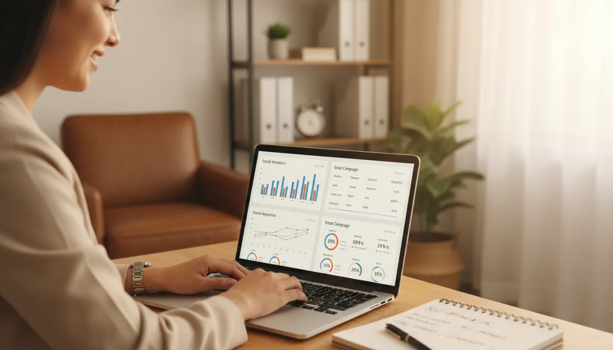 Strategist analysing social media and email marketing performance dashboards