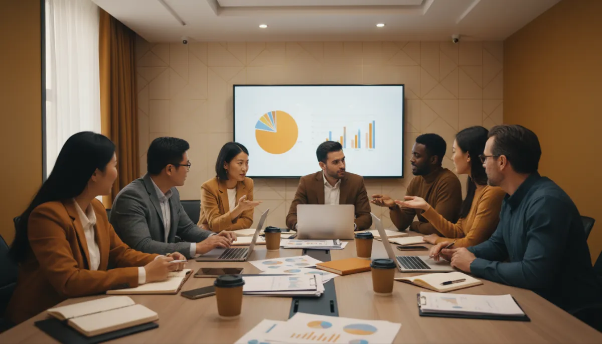 photorealistic professional business shot of a diverse team from a small business and a digital marketing agency reviewing campaign reports together in a meeting room, charts and laptops on the table, warm brand colors in deep gold and browns