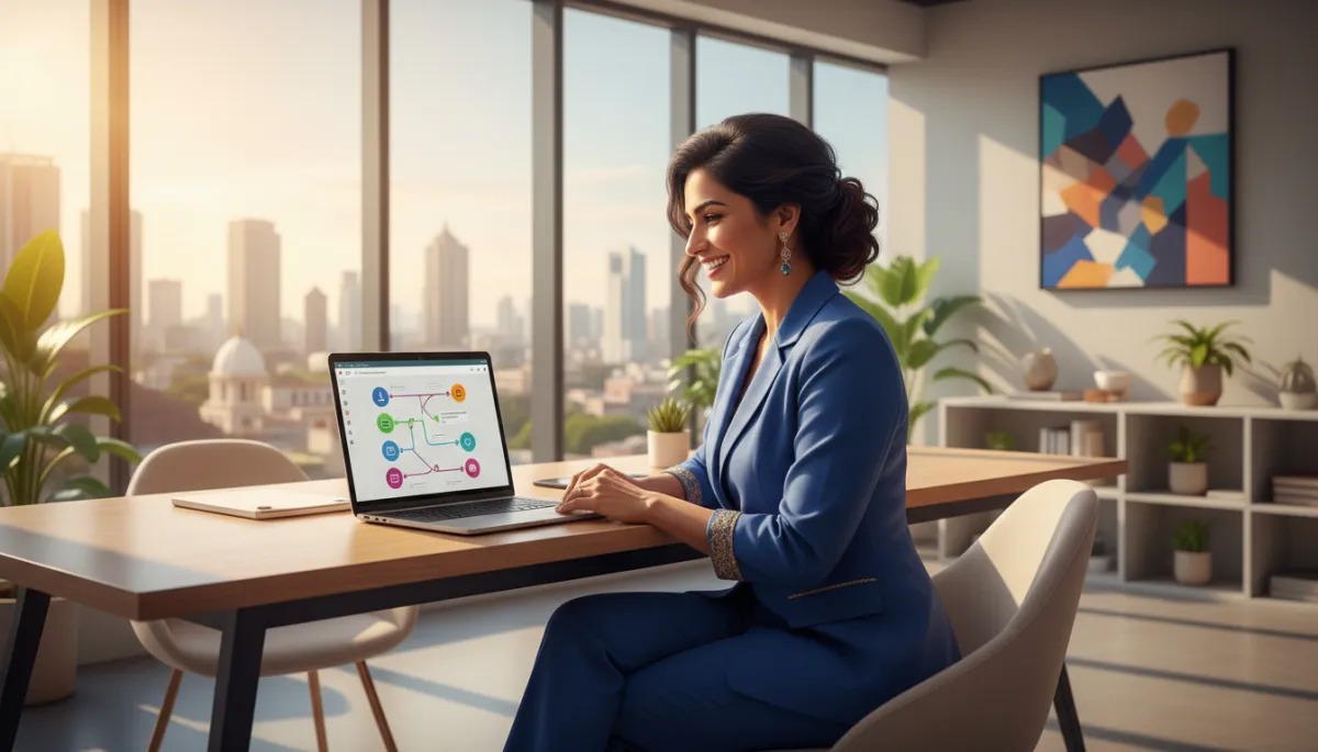 Photorealistic Chennai business owner using WhatsApp automation dashboard on a laptop