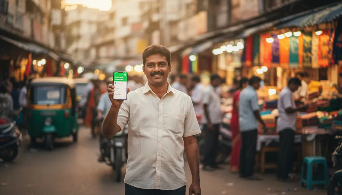 photorealistic Chennai business owner standing in a busy T. Nagar market street, holding a smartphone with a visible WhatsApp notification popping up on screen, neutral color palette, early evening ambient light, bustling background but focus on the owner’s relieved expression