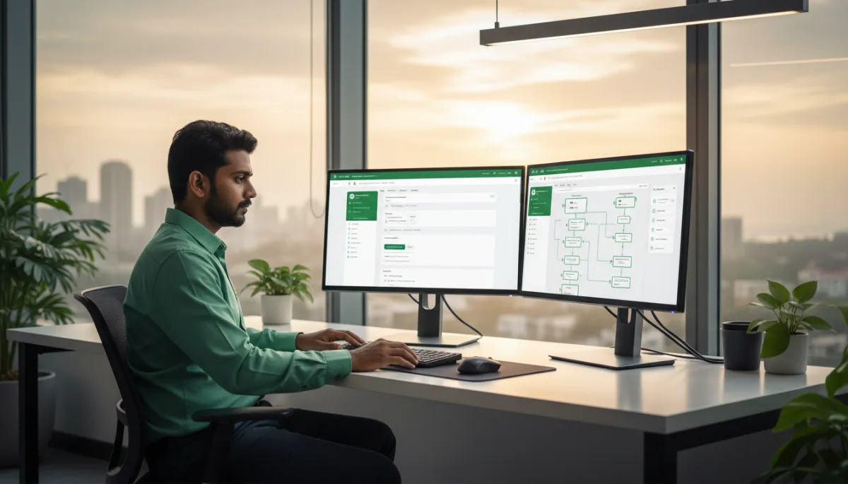 Consultant configuring WhatsApp Business automation flows on dual monitors in modern Chennai office